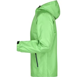 A lightweight men's rain jacket in vibrant green, featuring a hood and zippered pockets, with a branding logo.