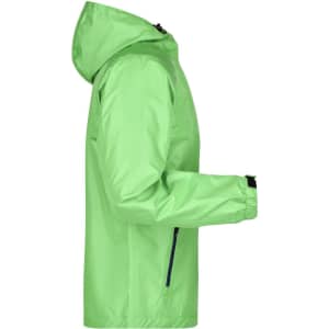 A green men's rain jacket with a hood and zippered pockets, featuring a logo on the front.