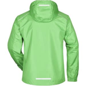 A green men's rain jacket with a hood and reflective accents on the back. Features a logo on the upper section.