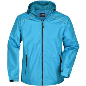 A men's rain jacket in a bright blue colour, featuring a hood and zippered pockets. It has a logo on the chest.