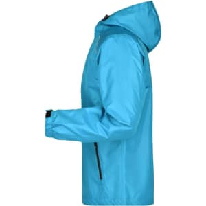 A blue men's rain jacket featuring a hood and zippered pockets, with a branding logo on the side.