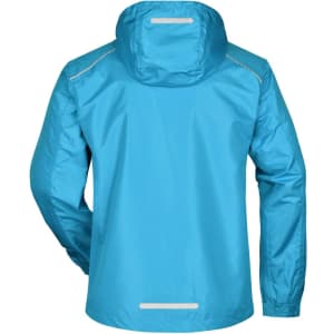 A blue men's rain jacket featuring a hood and reflective detailing on the back. It has a logo on the fabric.
