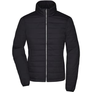 A black padded jacket with a zip front and high collar, featuring a subtle horizontal pattern and no visible logos.