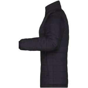 A ladies' padded puffer jacket in black, featuring a side view with a fitted design and a logo.