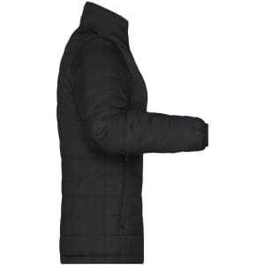 A ladies' padded puffer jacket in black, featuring a zip opening and side pockets. It has a logo on the design.