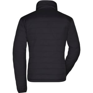 A padded black jacket with a high collar, featuring horizontal stitching and a logo on the back.