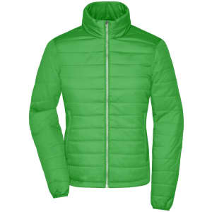 A green ladies padded jacket with a zip front and high collar, featuring a logo on the chest.