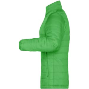 A green ladies padded jacket featuring a side zip pocket and a slim fit design. It has a logo on the sleeve.