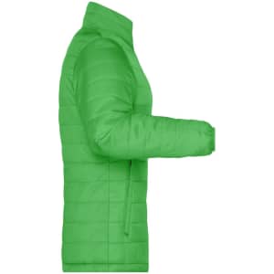 A green ladies' padded puffer jacket displayed from the side, featuring a zip and a collar.