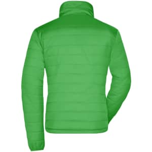 A green padded jacket with a quilted design, featuring a high collar and long sleeves. It has a logo on the back.