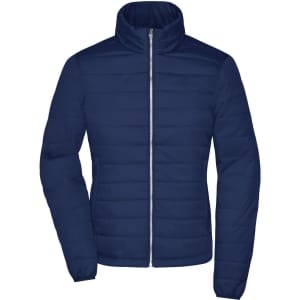 A navy blue ladies padded jacket with a zip closure and a stand-up collar. It features a simple design with a logo.