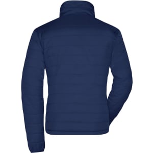 A navy padded jacket with a high collar and quilted design, featuring a logo on the back.