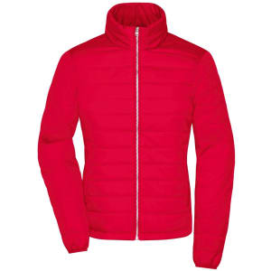 A red padded jacket with a high collar and zip closure, featuring long sleeves and a sleek design.