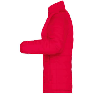 A red padded jacket with a zip closure and a side view showcasing its quilted design. There is a logo on the jacket.