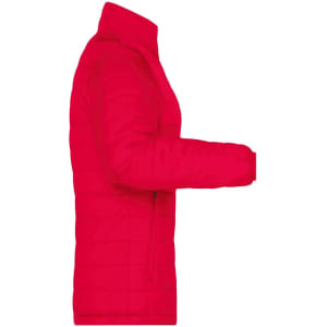 A red ladies padded jacket featuring a side view, with a zip and a design typical of puffer jackets.