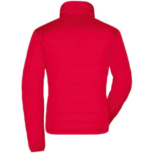 A red ladies padded puffer jacket with a high collar and a smooth, quilted texture. It features a logo on the back.