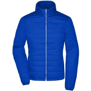 A blue padded jacket with a zip front and a high collar, featuring a logo on the chest.