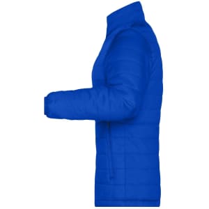 A blue ladies padded jacket with a side view showcasing its puffer design and zipper details.