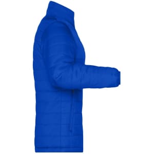 A side view of a blue ladies padded puffer jacket featuring a zippered pocket. The jacket has a stand-up collar.