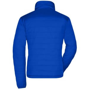 A blue padded jacket with a minimalist design and a collar, featuring a logo on the back.