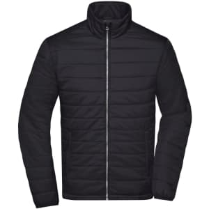 A men's padded jacket in black, featuring a zip front and a stand-up collar. It has a simple design and a logo.