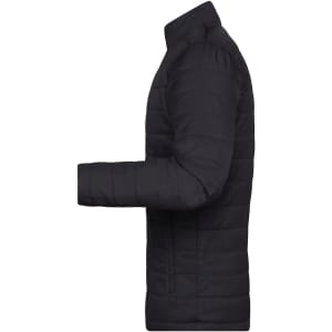 A black padded puffer jacket shown from the side, featuring a zip and a logo on the sleeve.