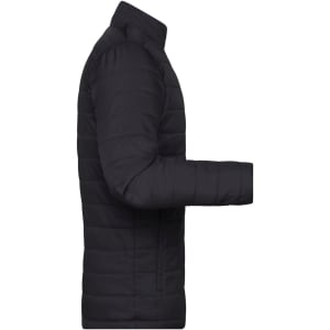 A black padded jacket featuring a quilted design and a stand-up collar, with a side view showcasing the sleeves.