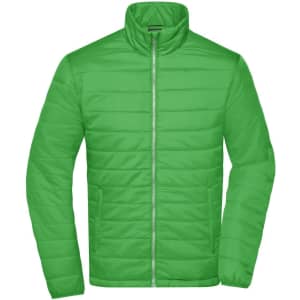 A men's padded jacket in a vibrant green colour featuring a zip closure and quilted design.