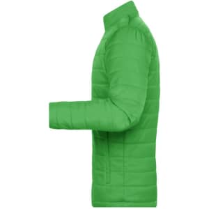 A green padded puffer jacket displayed from the side, featuring a zippered side pocket and a sleek design.