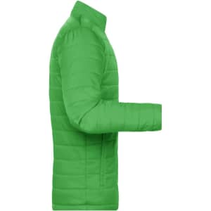 A men's padded puffer jacket in vibrant green, featuring a side view with quilted detailing and a logo.