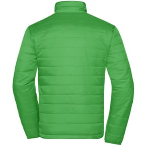 A padded puffer jacket in vibrant green, featuring quilted detailing and a high collar. Designed for warmth and comfort.