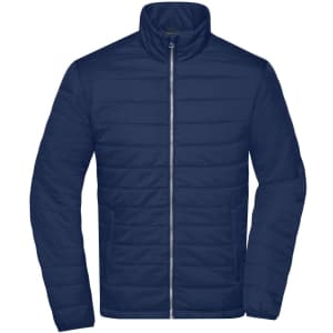 A navy blue padded jacket with a zip front and standing collar, featuring a logo on the chest.