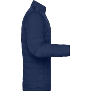 A navy padded jacket with a side view, featuring a zip and a logo on the fabric.