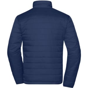 A navy men's padded jacket with a minimalist design and quilted texture on the back. It features a collar and has a logo.
