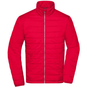 A red padded jacket featuring a zip closure and a high collar, with side pockets and a logo.