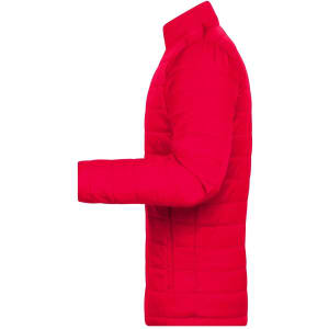 A red padded jacket with a side view, featuring a zip closure and a logo on the chest area.