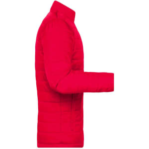 A red padded jacket featuring a zippered side pocket and a logo on the sleeve.