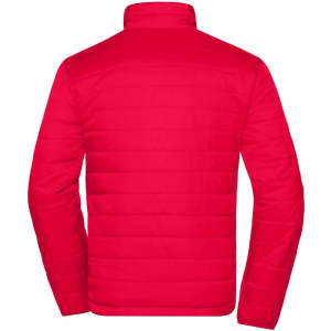 A red men's padded jacket with quilted design, featuring a high collar and long sleeves. Includes a subtle logo.