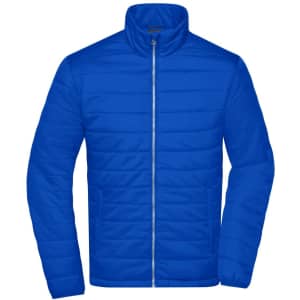 A blue padded jacket with a zip front and stand collar, featuring a logo on the chest area.