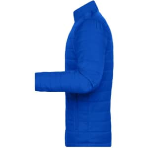 A blue men's padded jacket displayed from the side, featuring a sleek design and a branding logo.