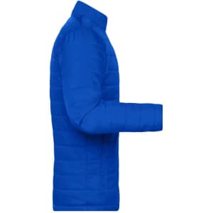 A blue men's padded puffer jacket displayed from the side. The jacket features a zippered front and has a logo.