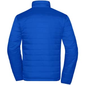 A blue padded jacket with a quilted design and a high collar, featuring a logo on the back.