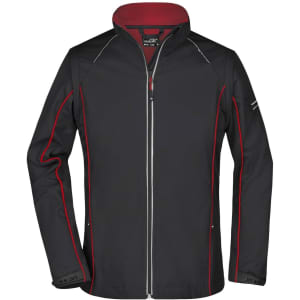 A softshell jacket in black with red accents, featuring a zip front and a logo on the sleeve.