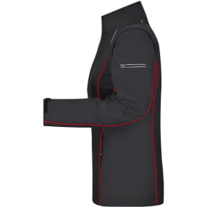 A black ladies' zip-off softshell jacket with red accents and a sleek, fitted design. Features include zippered pockets and a logo.