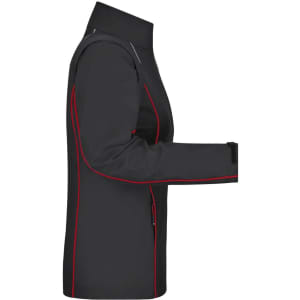 A ladies' zip-off softshell jacket in black with red piping, featuring a sleek design and a fitted silhouette.