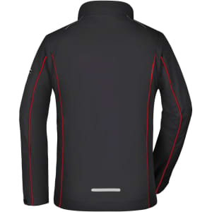 A black ladies' zip-off softshell jacket with red accents and a reflective logo on the back.