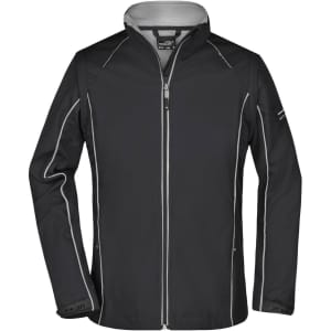 A ladies' softshell jacket in black with zip-off features and contrasting white stitching. It has a logo on the sleeve.