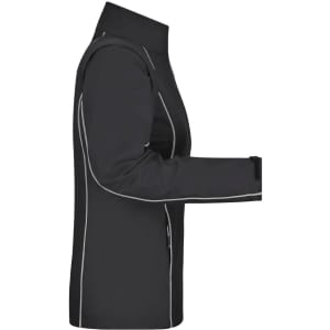 A black ladies zip-off softshell jacket with contrasting white stitching and a fitted silhouette. It features a high collar.