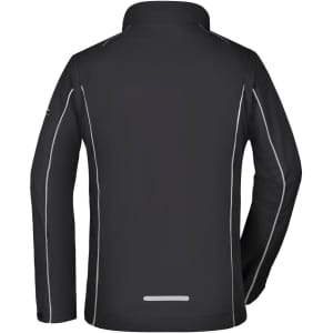 A black ladies zip-off softshell jacket featuring contrasting white stitching and a collar, with a logo on the back.
