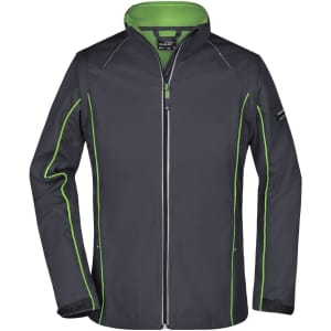 A grey softshell jacket with green detailing and a zip front, featuring a logo on the arm.